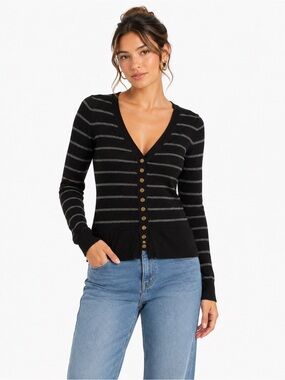 Zenana Outfitters Black Gray Striped Snap Front Cardigan Size Small Lightweight